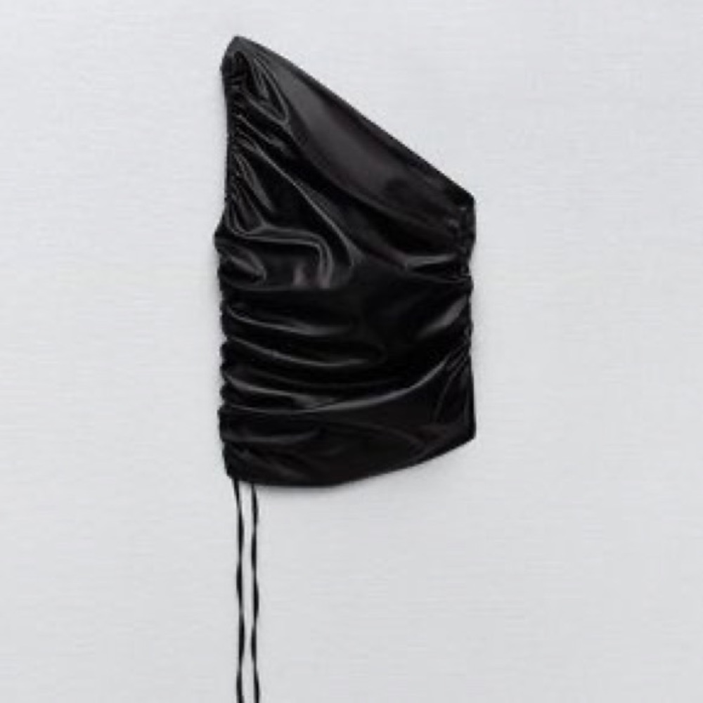 Zara One Shoulder Faux Leather Ruched Black Top M - NWT Out of Production
